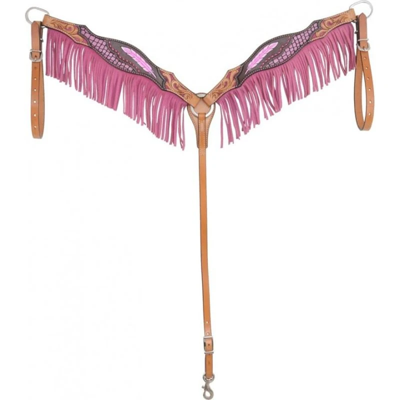 Western Rawhide Country Legend Gator And Feathers Breastcollar - Golden/Pink 1 Western Rawhide Country Legend Gator And Feathers Breastcollar - Golden/Pink